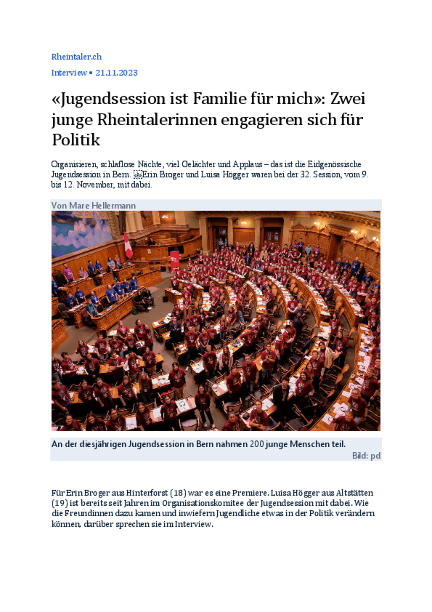 Spannende Erfahrungen an der Jugendsession in Bern. Ein Interview mit zwei Kantonsschülerinnen der KSH.